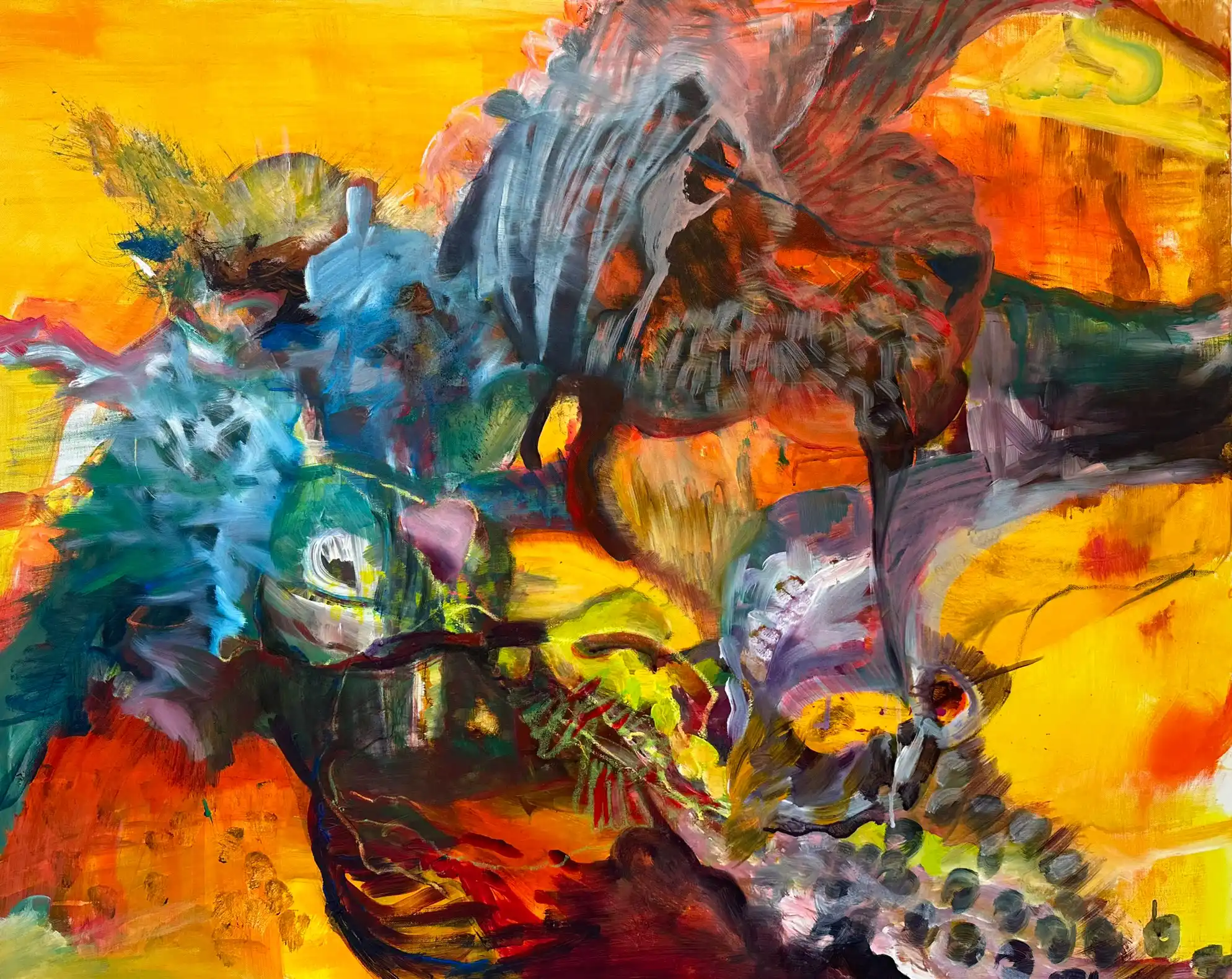 Abstrakte Malerei in gelb, intensive Farbwelt mit rätselhaften Figuren der Künstlerin Kerstin Am Ende