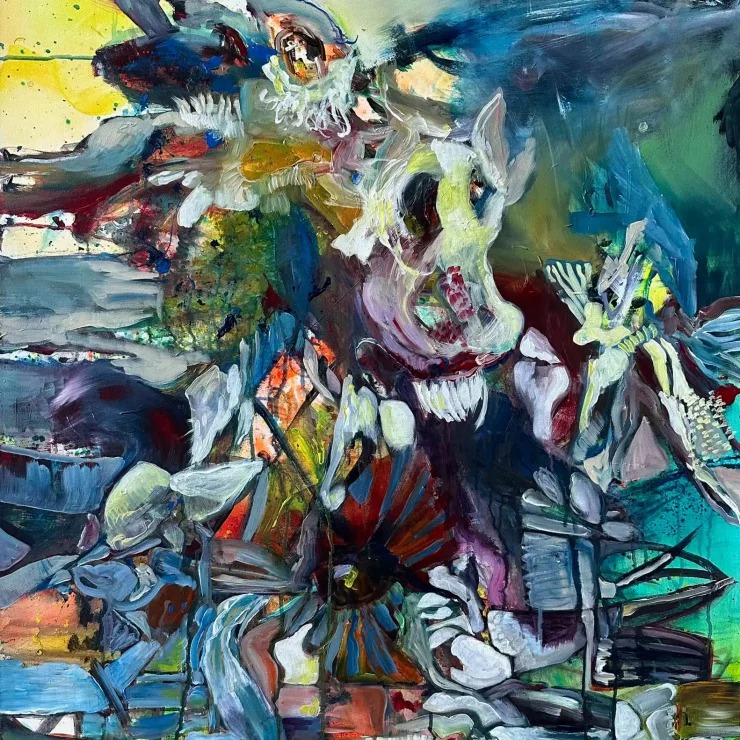 Abstrakte Malerei einer Landschaft, die an Kirchenfenster erinnert der Künstlerin Kerstin Am Ende