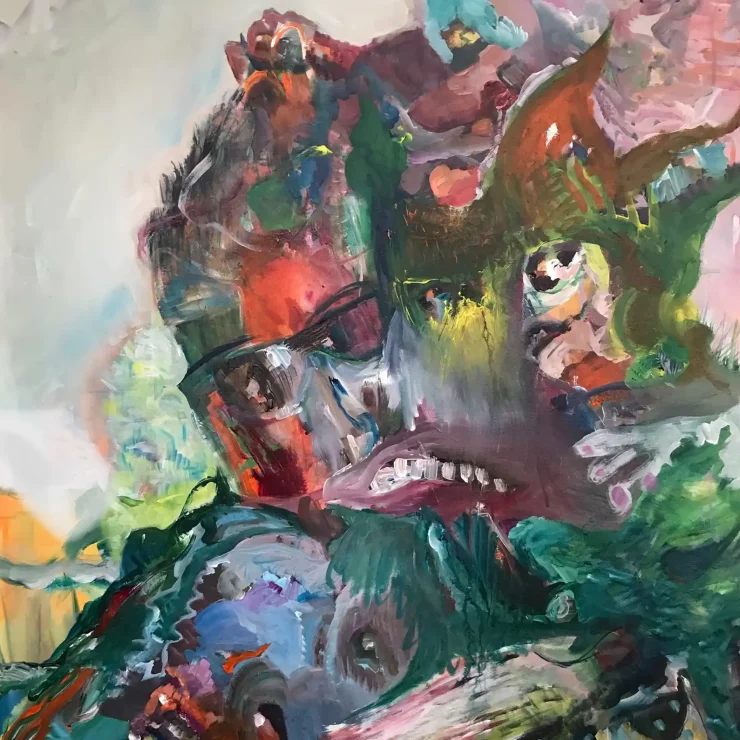 Abstraktes Doppelportrait, in dem rätselhafte Formen auftauchen der Künstlerin Kerstin Am Ende