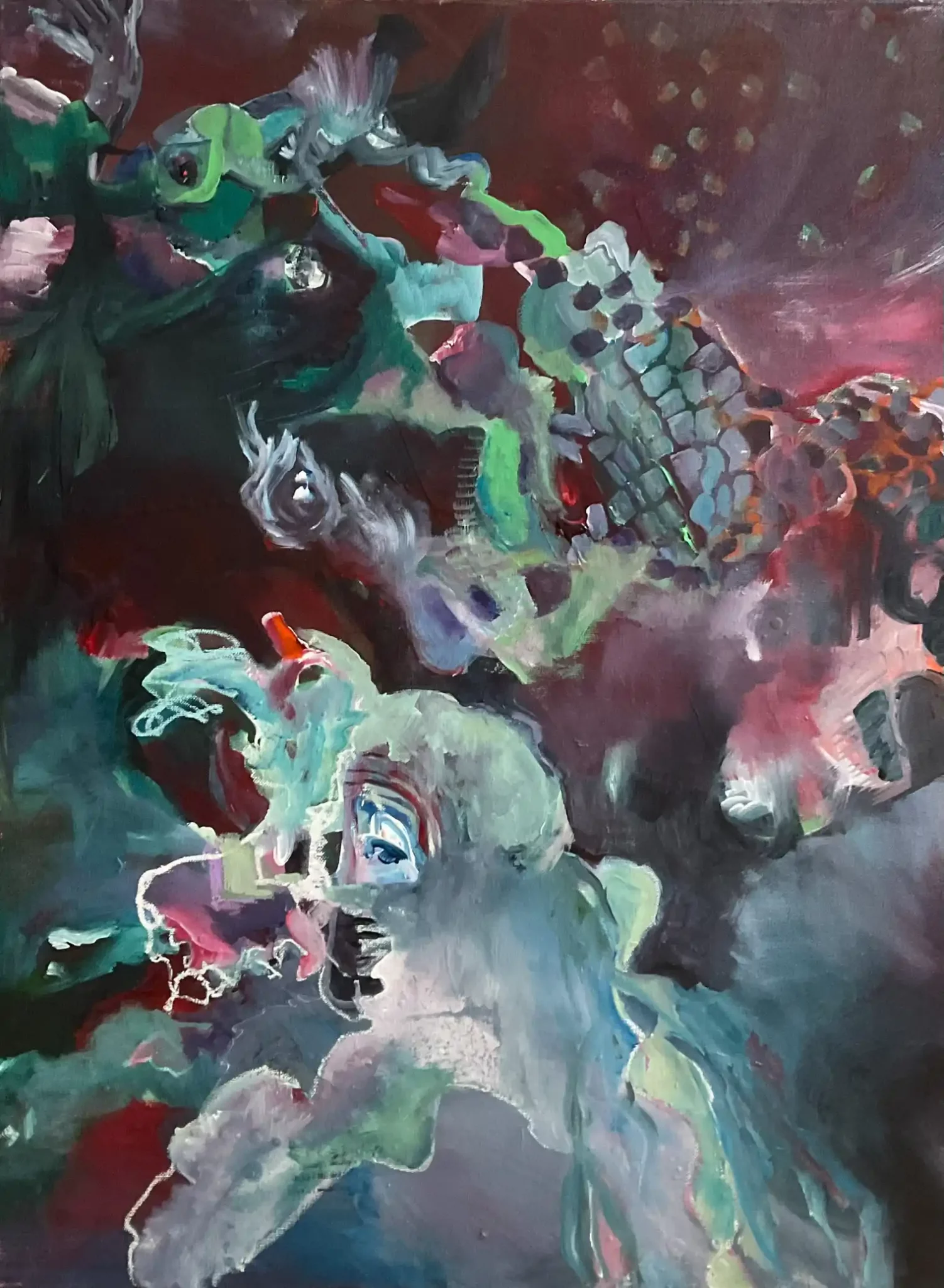 Abstrakte Malerei mit rätselhaften Wesen vor Hintergrund der Künstlerin Kerstin Am Ende