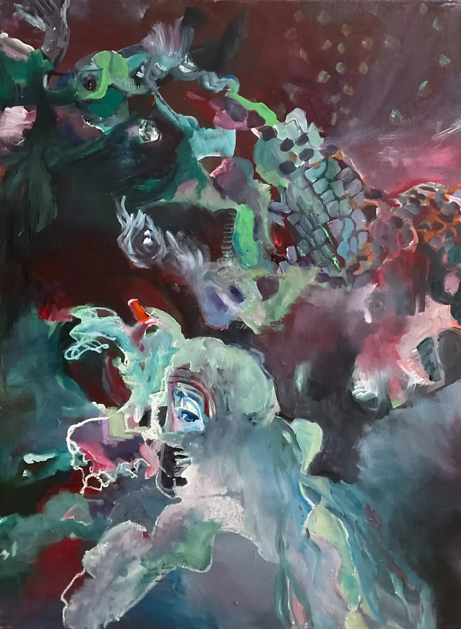 Abstrakte Malerei mit rätselhaften Wesen vor Hintergrund der Künstlerin Kerstin Am Ende