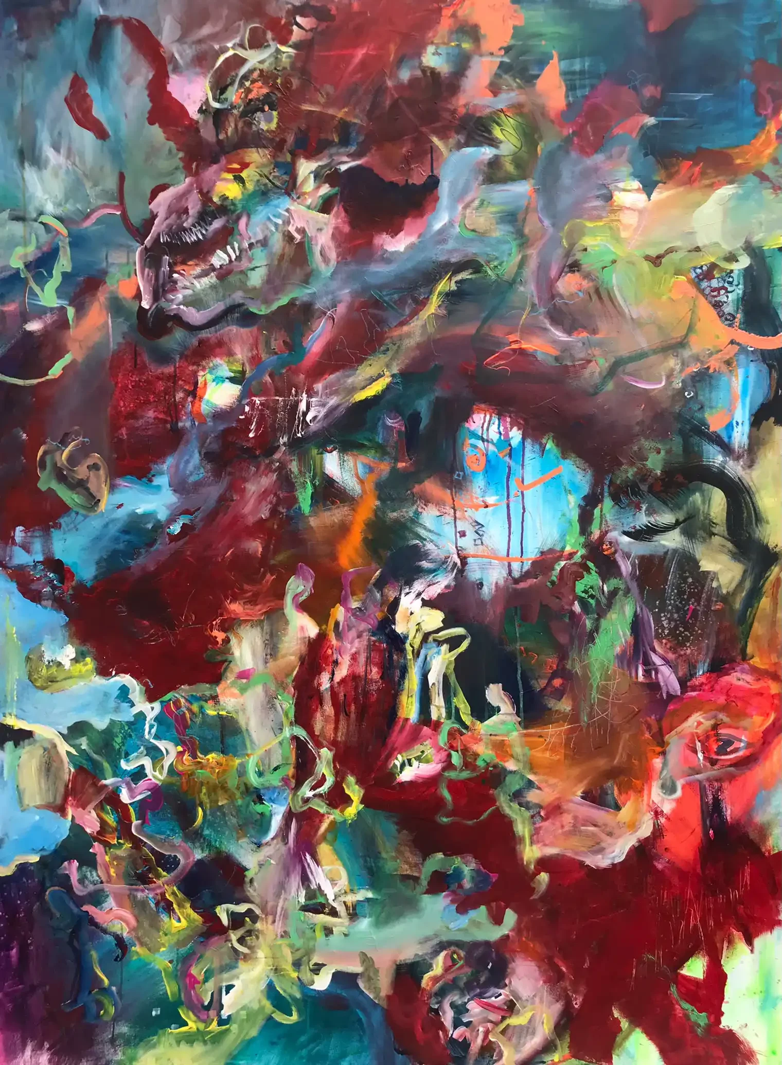 Abstrakte Malerei im Großformat, eine Landschaft mit Meer aus der sureale Figuren entstehen der Künstlerin Kerstin Am Ende