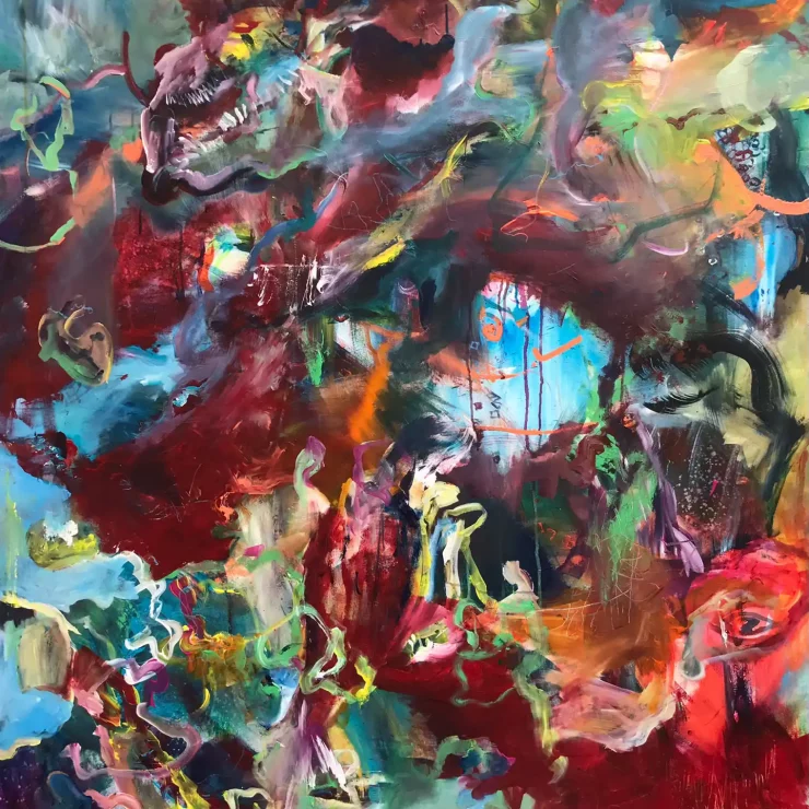 Abstrakte Malerei im Großformat, eine Landschaft mit Meer aus der sureale Figuren entstehen der Künstlerin Kerstin Am Ende