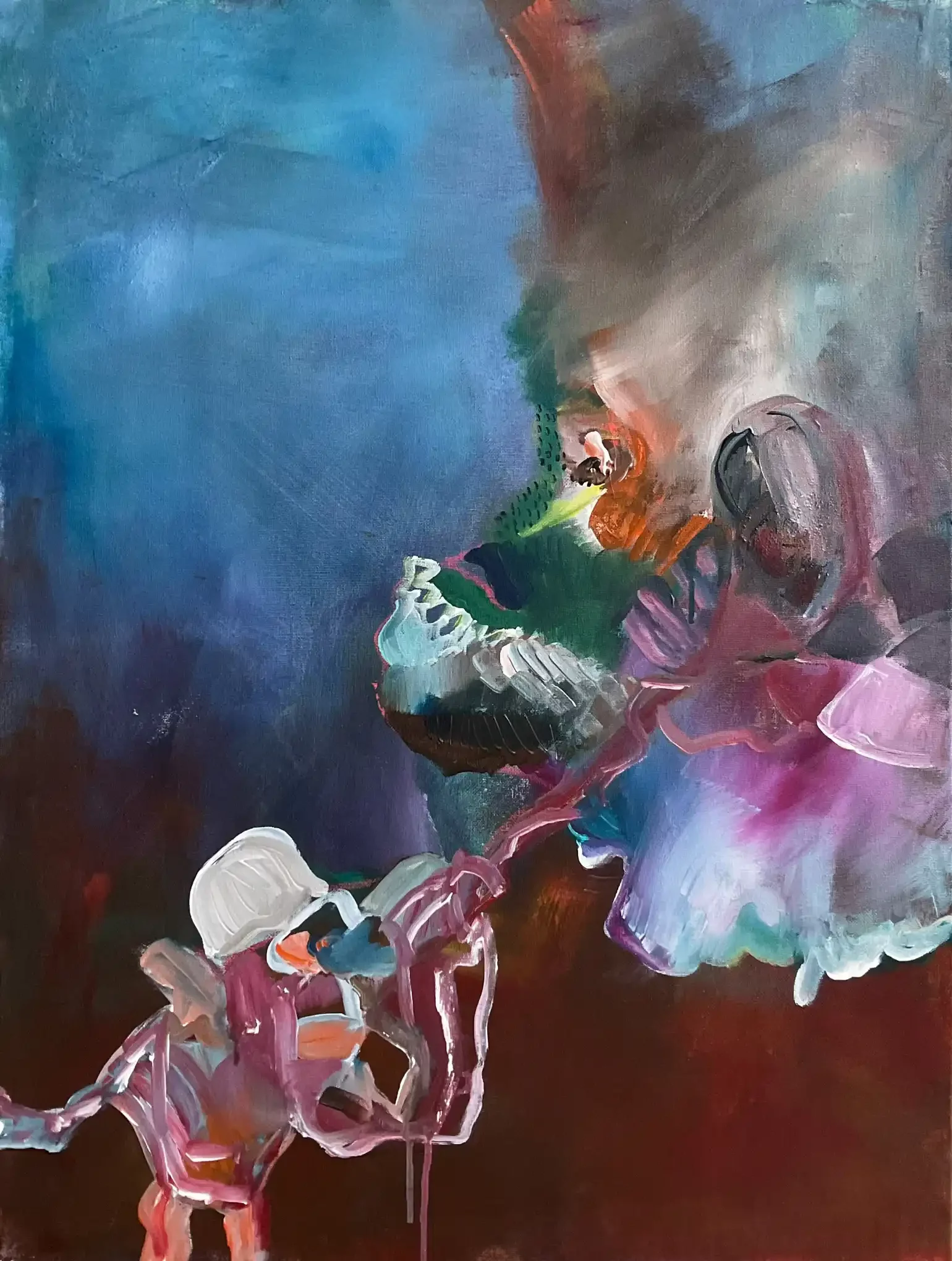 Abstrakte Malerei zwei rätselhafte Wesen vor blauem Hintergrund der Künstlerin Kerstin Am Ende