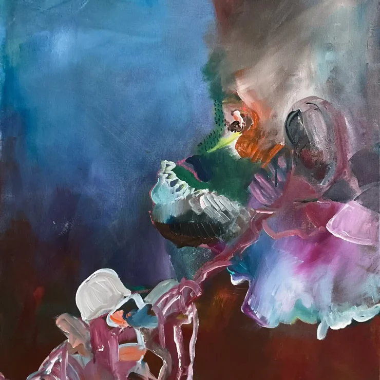 Abstrakte Malerei zwei rätselhafte Wesen vor blauem Hintergrund der Künstlerin Kerstin Am Ende