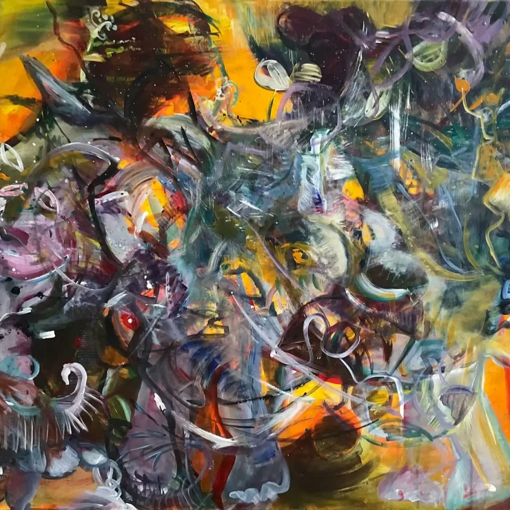 Abstrakte Malerei eines Elefants mit surealen Fragmenten und vielen Schichten der Künstlerin Kerstin Am Ende