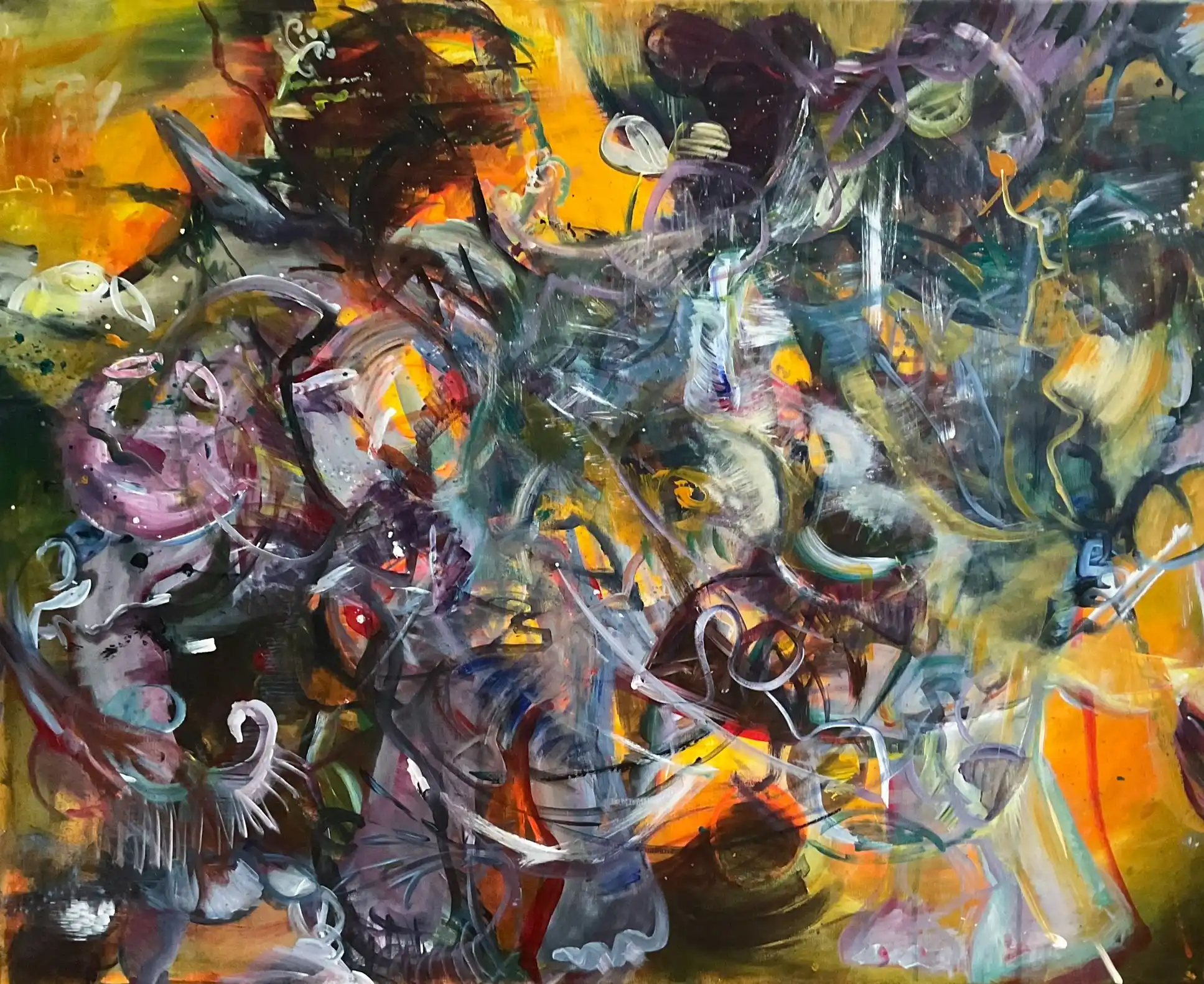 Abstrakte Malerei eines Elefants mit surealen Fragmenten und vielen Schichten der Künstlerin Kerstin Am Ende