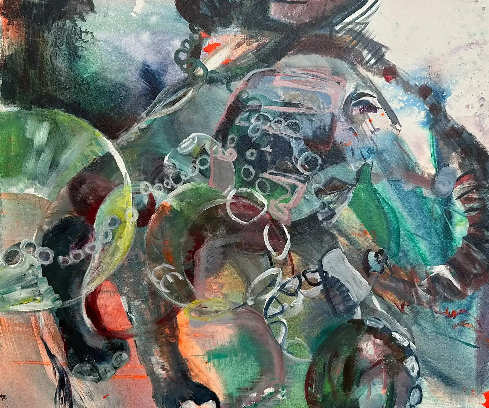 Abstrakte Malerei eines Elefants mit surealen Fragmenten und vielen Schichten der Künstlerin Kerstin Am Ende