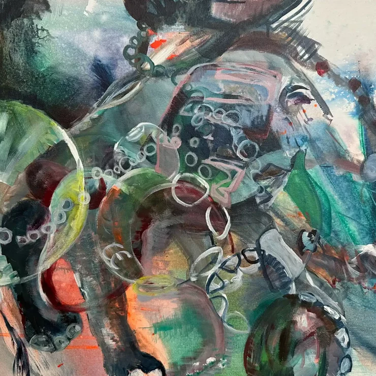 Abstrakte Malerei eines Elefants mit surealen Fragmenten und vielen Schichten der Künstlerin Kerstin Am Ende