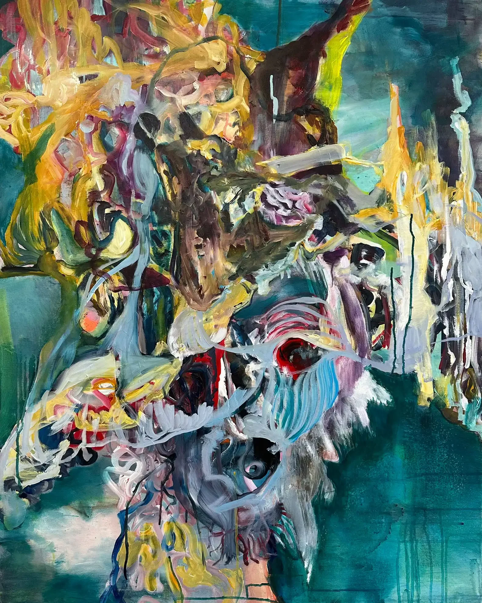 Abstrakte Malerei mit surealen Figuren und vielen Schichten der Künstlerin Kerstin Am Ende