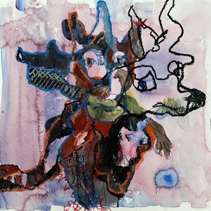 Abstrakte Zeichnung eines rätselhaften Tiers, Serie, coloriert mit Aquarell, der Künstlerin Kerstin Am Ende