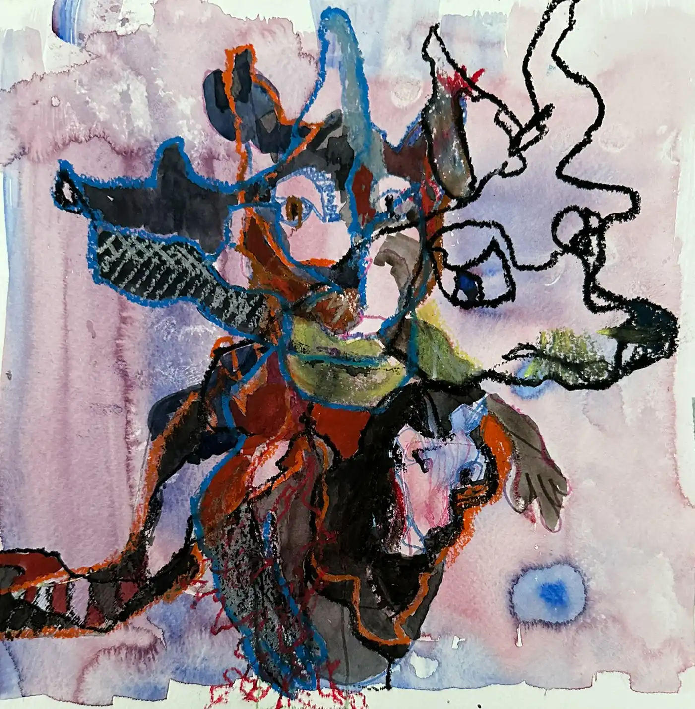 Abstrakte Zeichnung eines rätselhaften Tiers, Serie, coloriert mit Aquarell, der Künstlerin Kerstin Am Ende