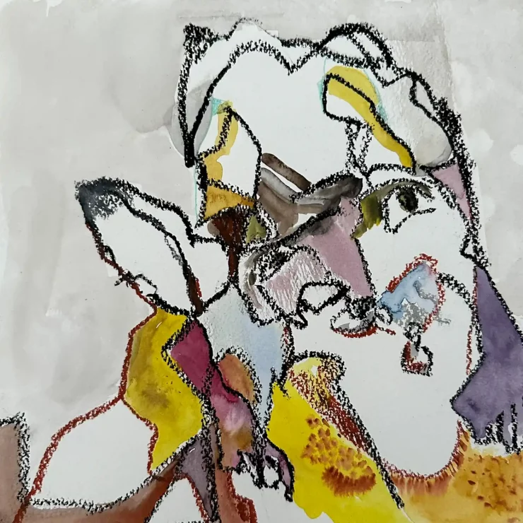 Abstrakte Zeichnung eines rätselhaften Tiers, Serie, coloriert mit Aquarell, der Künstlerin Kerstin Am Ende