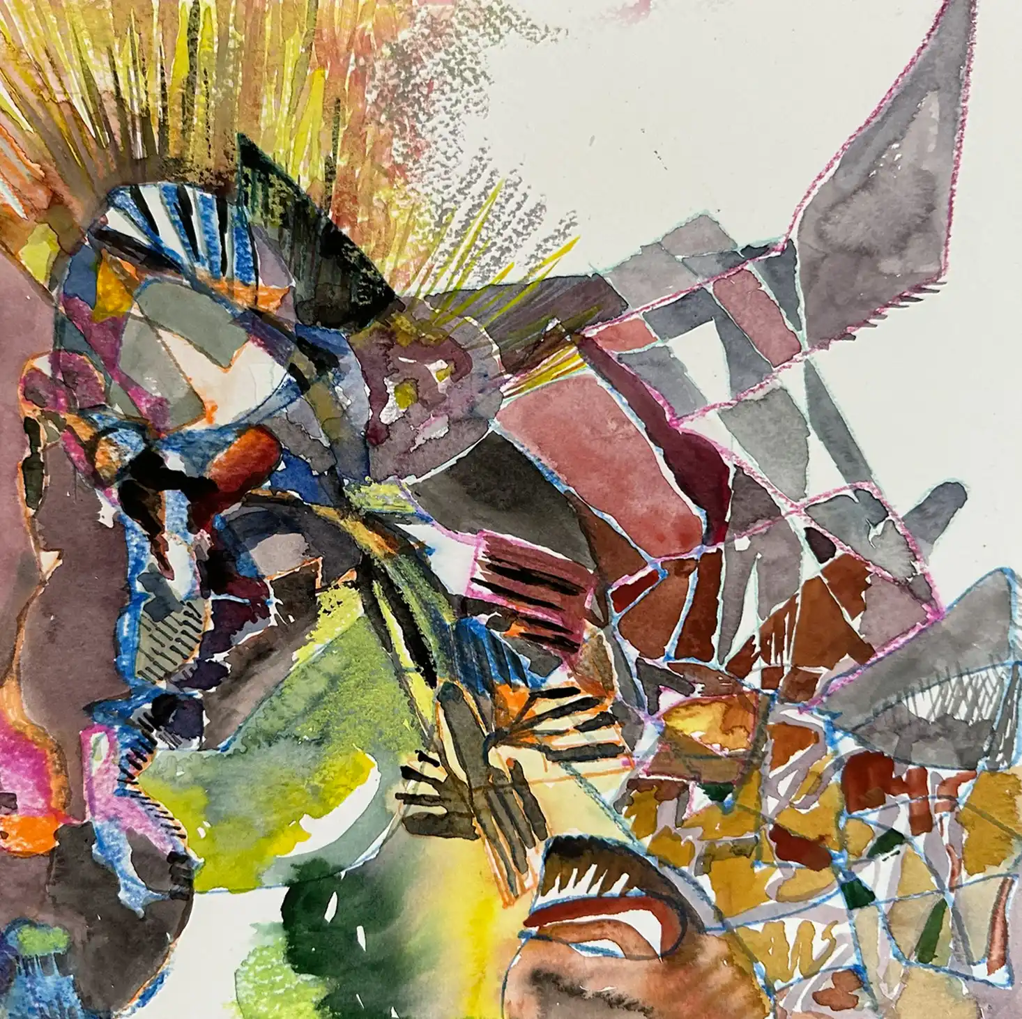 Abstrakte Zeichnung eines rätselhaften Tiers, Serie, coloriert mit Aquarell, der Künstlerin Kerstin Am Ende