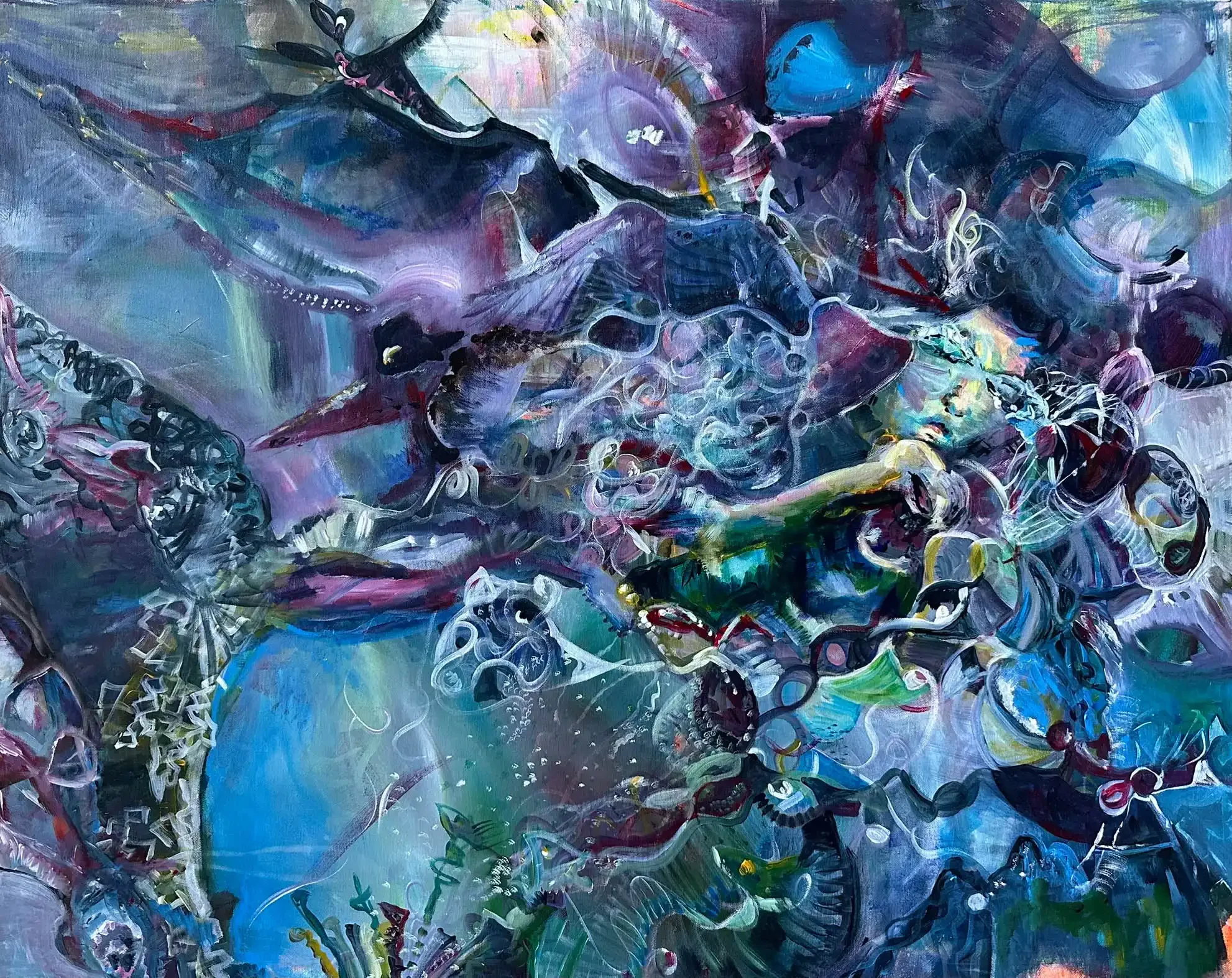 Abstrakte Malerei, eine Szene im Meer, als rätselhafte Unterwasserlandschaft mit surealen Wesen der Künstlerin Kerstin Am Ende