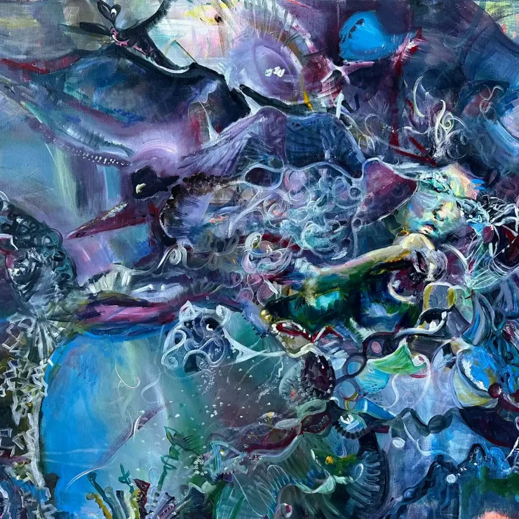Abstrakte Malerei, eine Szene im Meer, als rätselhafte Unterwasserlandschaft mit surealen Wesen der Künstlerin Kerstin Am Ende
