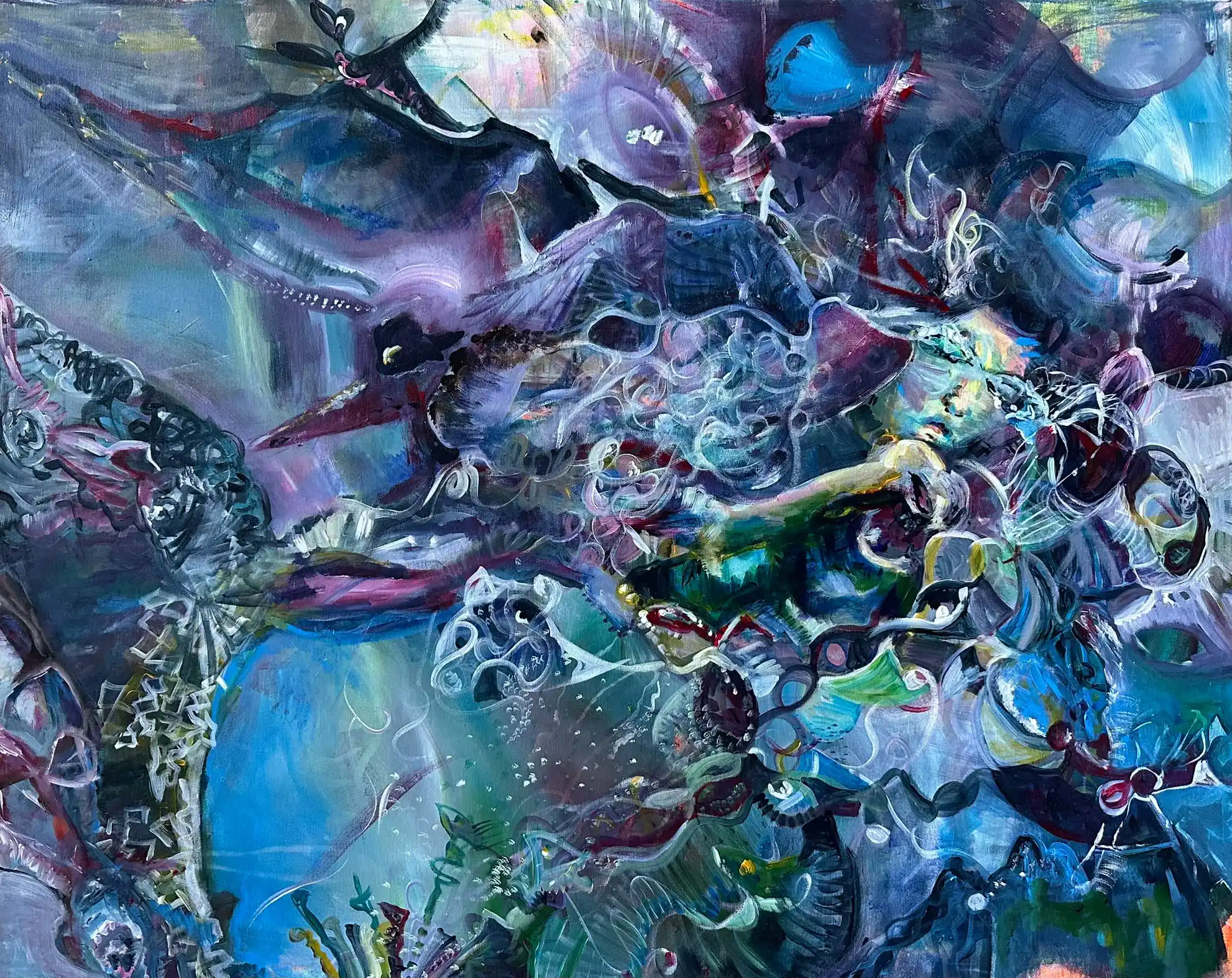 Abstrakte Malerei, eine Szene im Meer, als rätselhafte Unterwasserlandschaft mit surealen Wesen der Künstlerin Kerstin Am Ende
