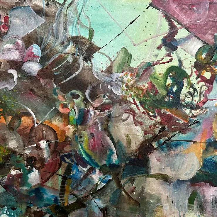 Abstrakte Malerei zeigt Natur, Blätter, Wald, organische Formen der Künstlerin Kerstin Am Ende