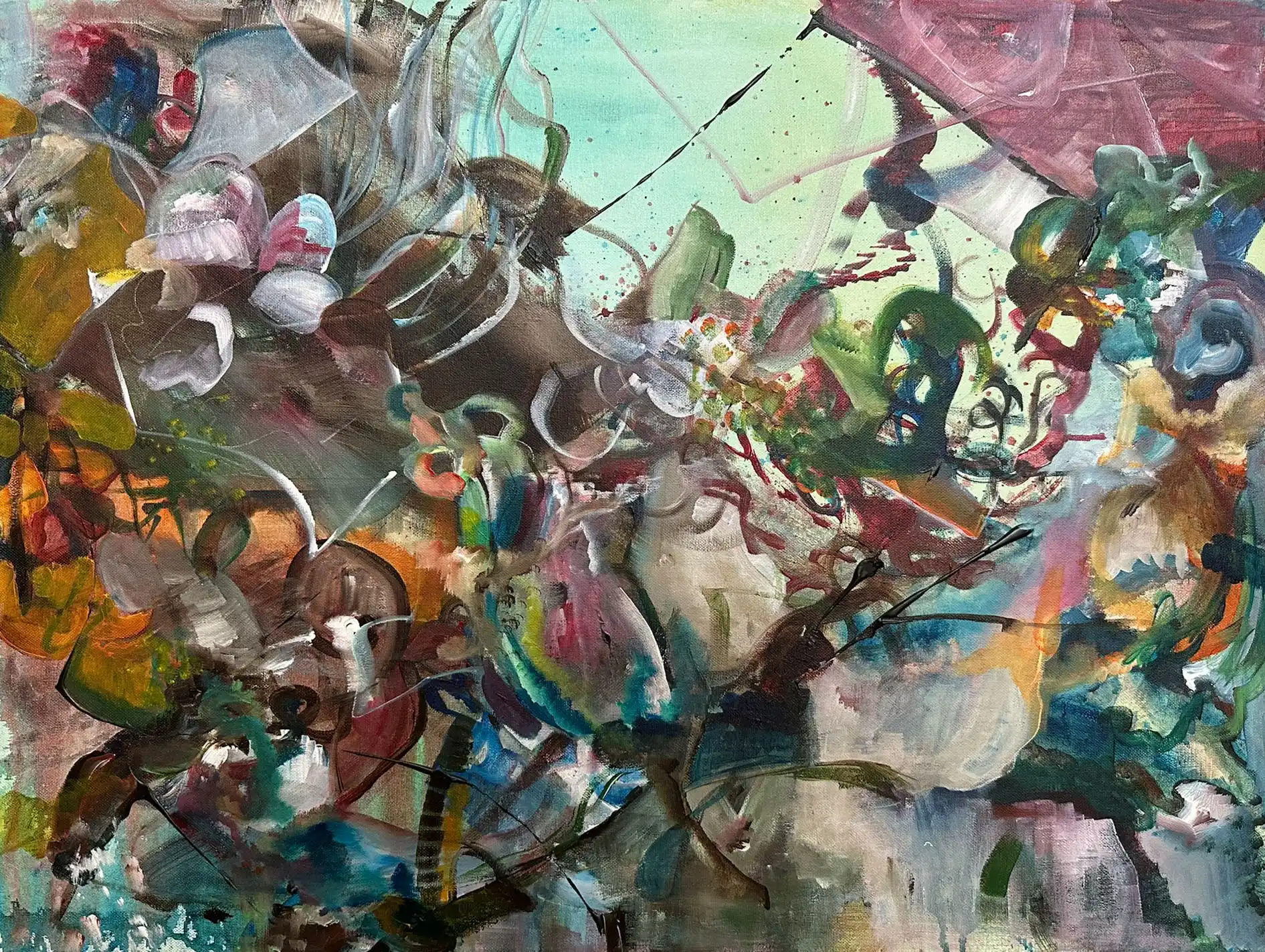 Abstrakte Malerei zeigt Natur, Blätter, Wald, organische Formen der Künstlerin Kerstin Am Ende