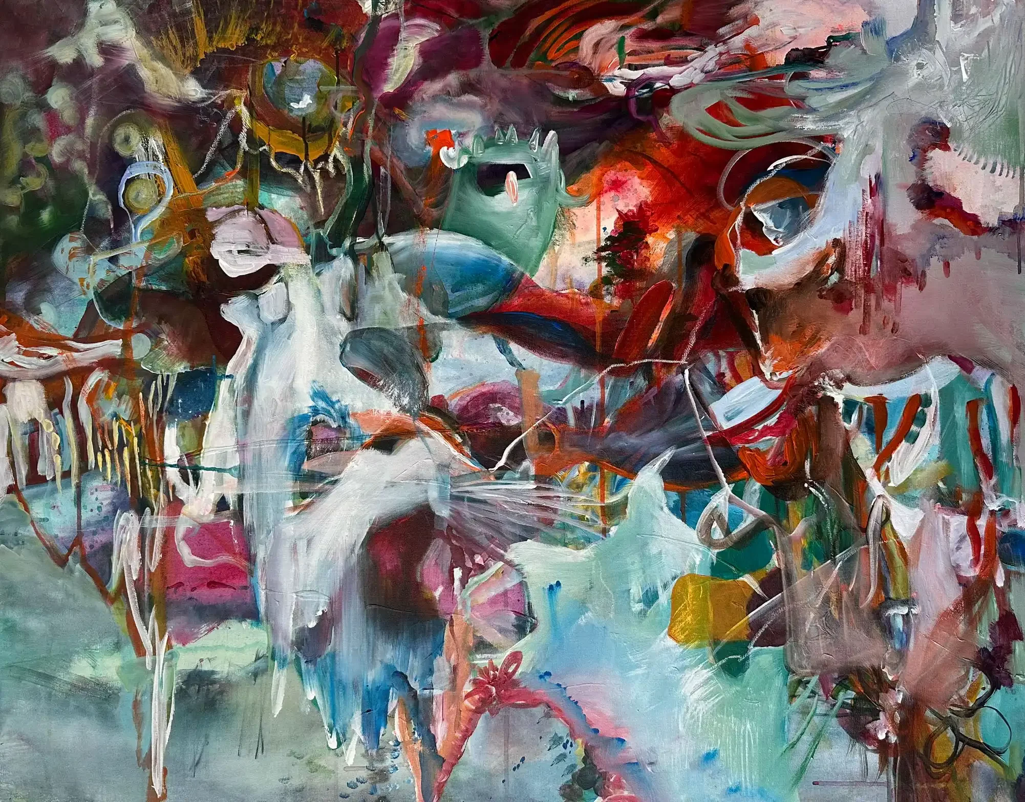 Abstrakte Malerei aus Fragmenten, Übermalungen, wo rätselhafte Wesen auftauchen der Künstlerin Kerstin Am Ende