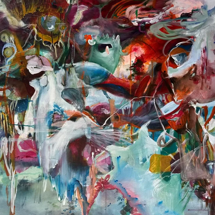 Abstrakte Malerei aus Fragmenten, Übermalungen, wo rätselhafte Wesen auftauchen der Künstlerin Kerstin Am Ende