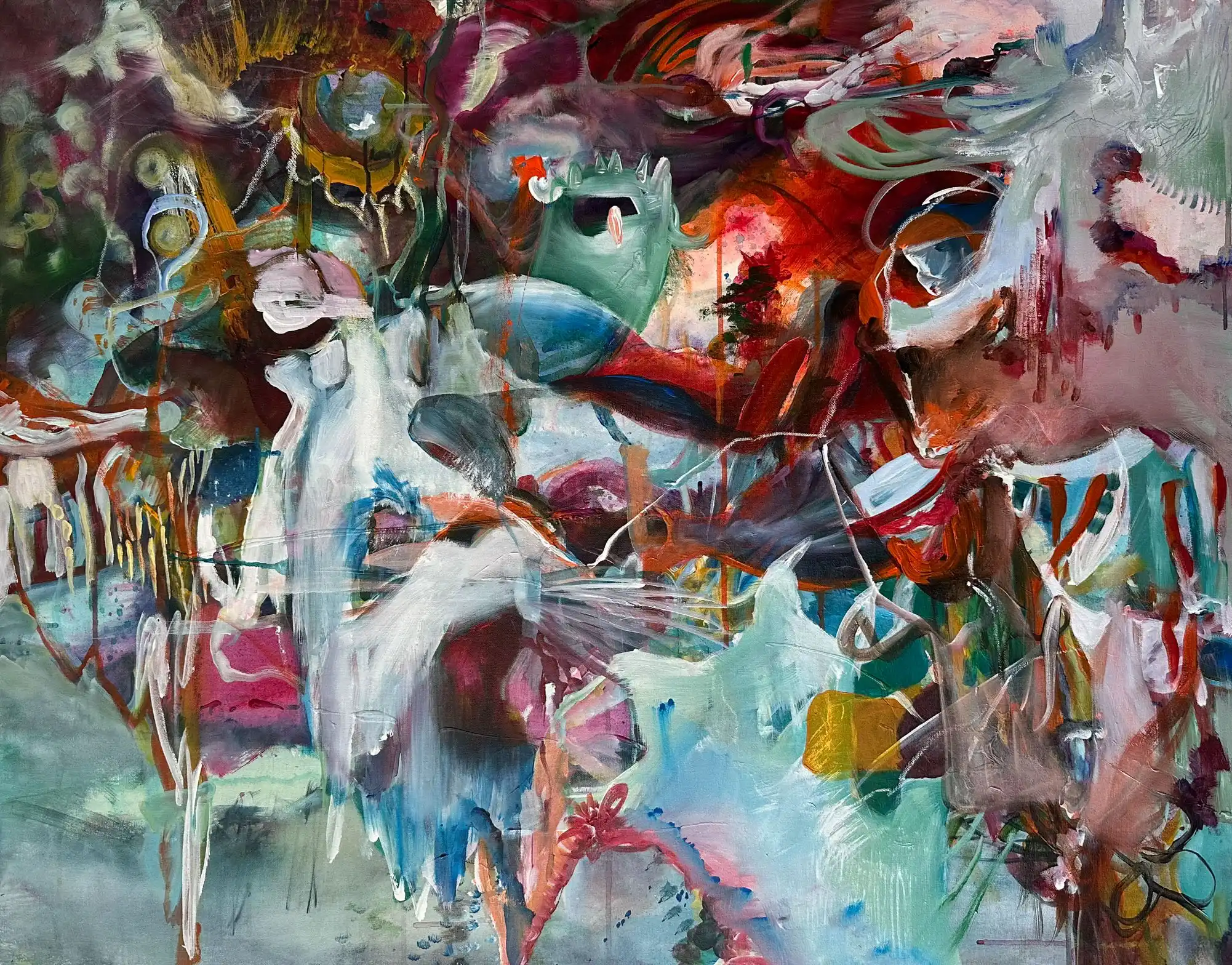 Abstrakte Malerei aus Fragmenten, Übermalungen, wo rätselhafte Wesen auftauchen der Künstlerin Kerstin Am Ende