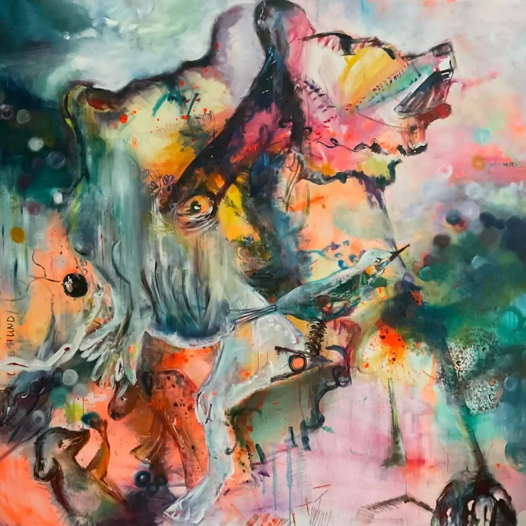 Abstrakte Malerei im Großformat aus Fragmenten mit rätselhaften Figuren und Tieren der Künstlerin Kerstin Am Ende