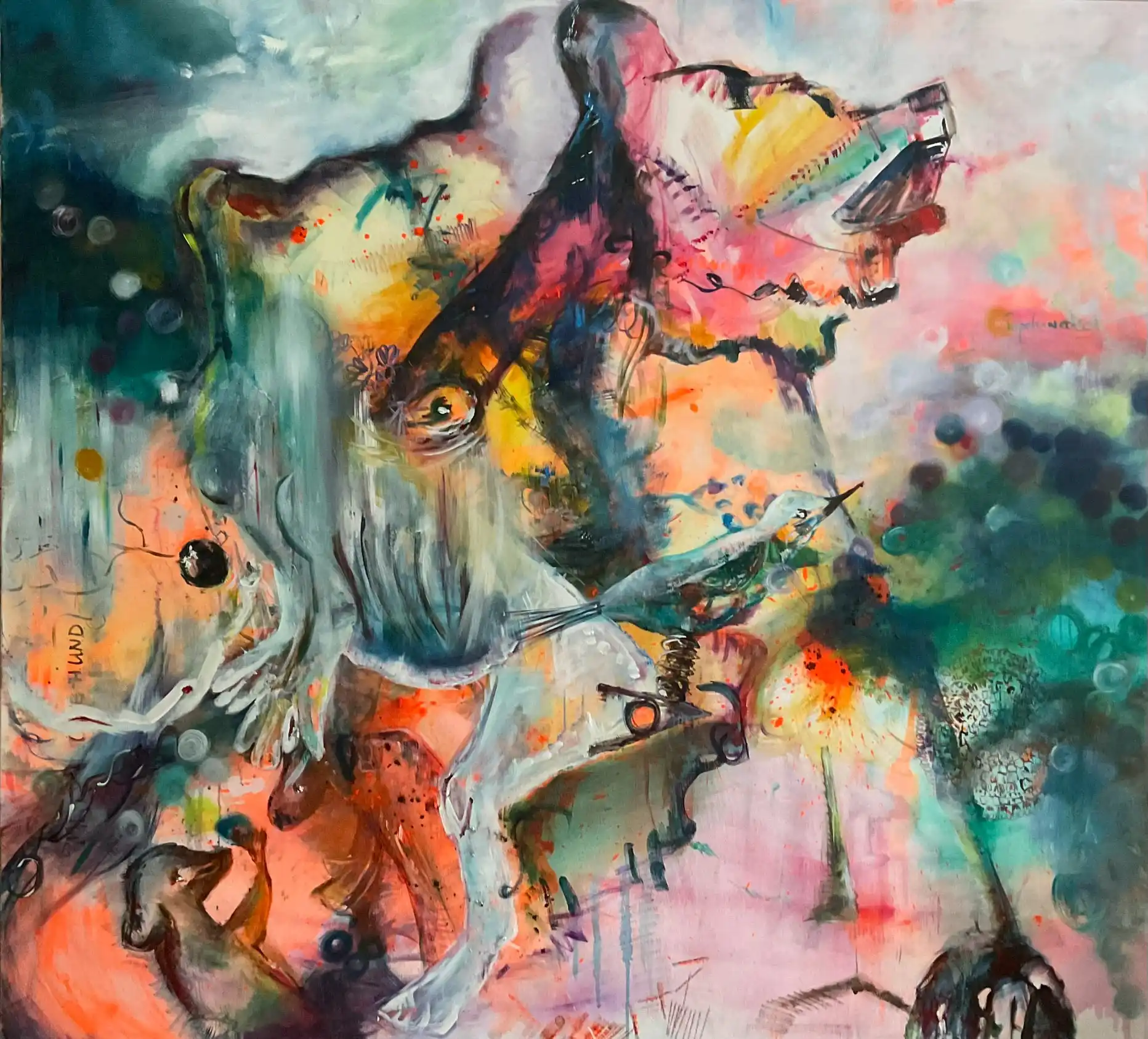 Abstrakte Malerei im Großformat aus Fragmenten mit rätselhaften Figuren und Tieren der Künstlerin Kerstin Am Ende