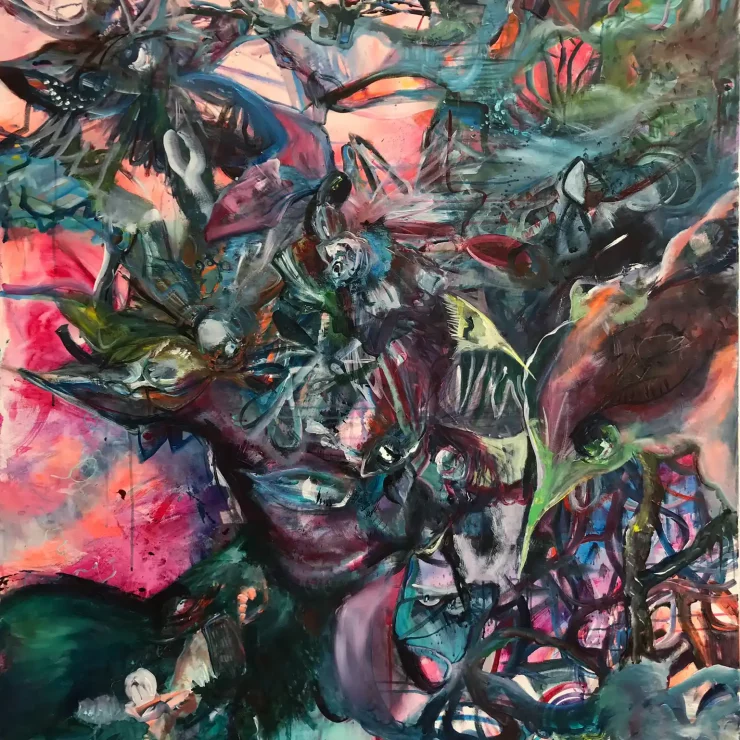 Abstrakte Malerei im Großformat, die Natur, Wald und rätselhafte Wesen zeigt der Künstlerin Kerstin Am Ende