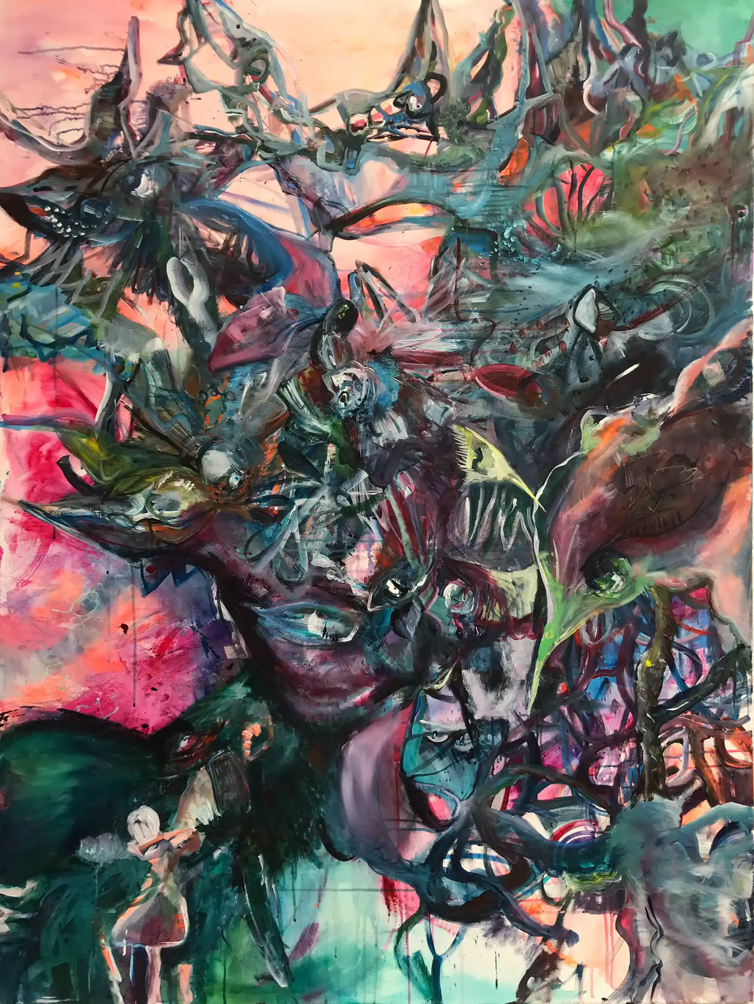 Abstrakte Malerei im Großformat, die Natur, Wald und rätselhafte Wesen zeigt der Künstlerin Kerstin Am Ende