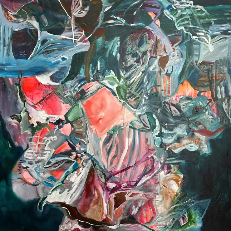 Abstrakte Malerei im Großformat, die sich mit dem Unterbewussten und dem Thema Wasser beschäftigt der Künstlerin Kerstin Am Ende